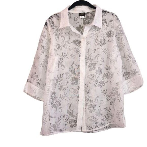 Salon Studio White Floral Sheer Button-Up Blouse M Lightweight Rayon/Nylon Blend - Picture 1 of 6